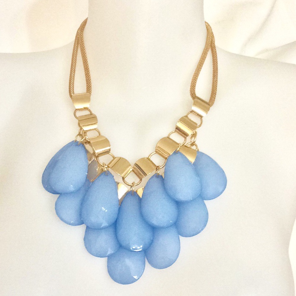 Slate blue drops gold tone statement necklace new